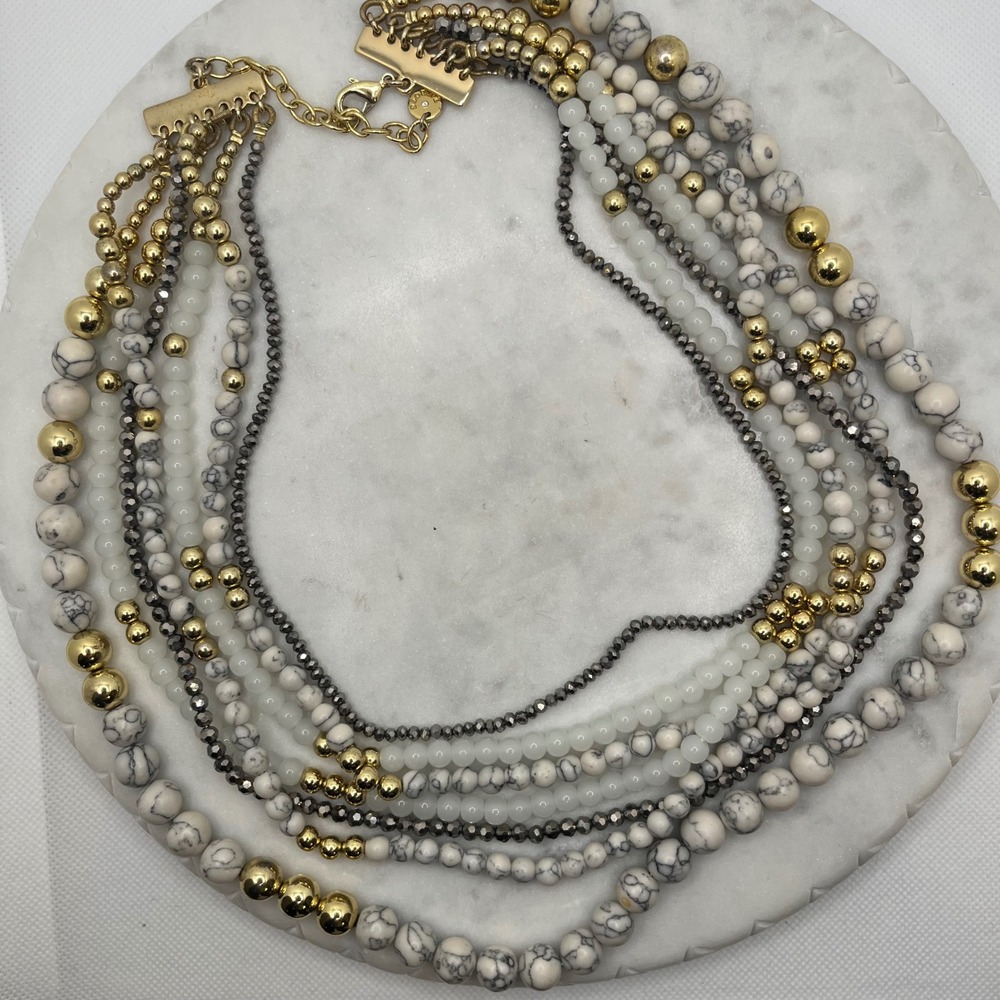 Talbots Beaded Necklace Multi Strand Gold White Grey Marble Statement Jewelry